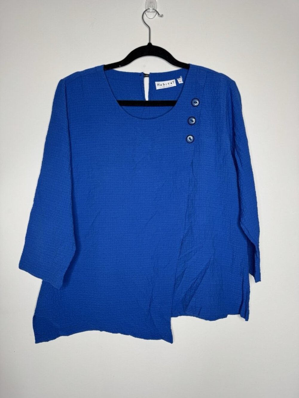 Habitat Women's Small Blue Crinkle Blouse Asymmetrical Hem Faux Wrap Lagenlook